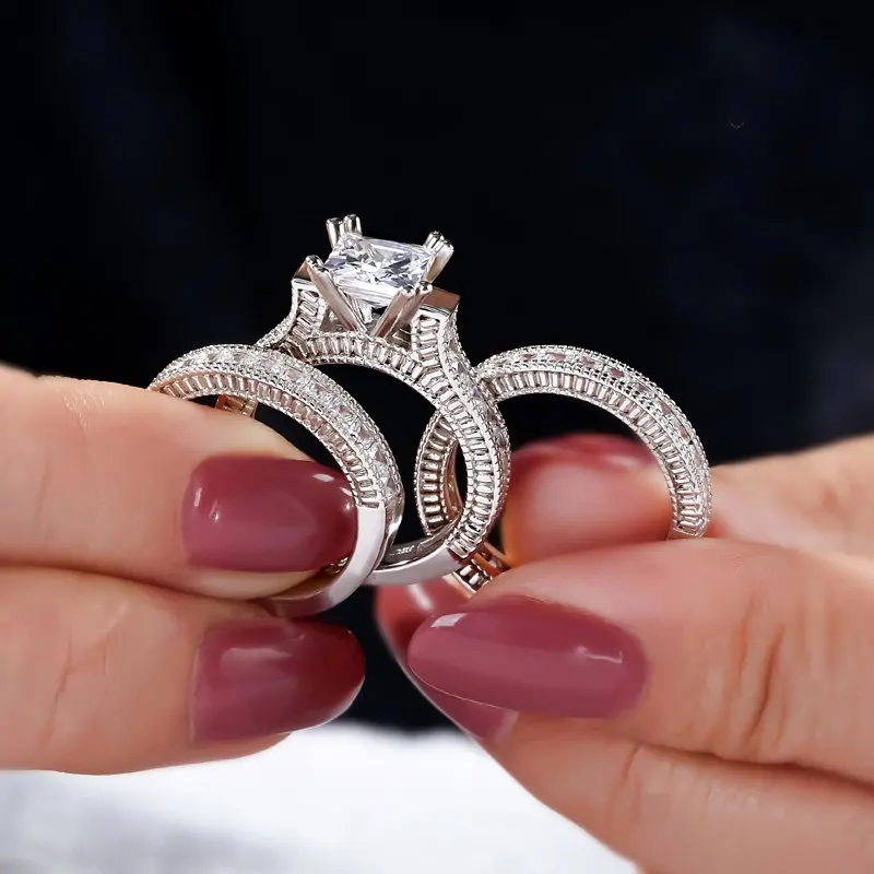 Luxury Princess-cut Simulated Diamond Rings Sets 3-in-1 Engagement Wedding Ring finger For Women 14K White gold Plated Jewelry
