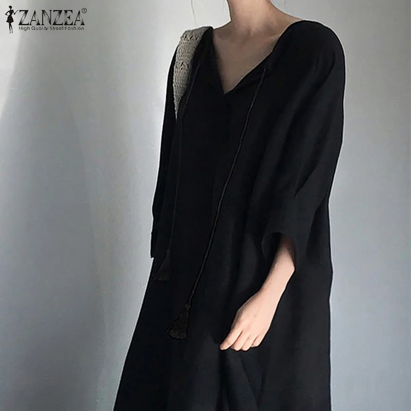 ZANZEA Women Dress Autumn Black Maxi Long Sundress Robe Vintage V neck  Sleeve Cotton Linen Vestido Solid Kaftan Femme 7