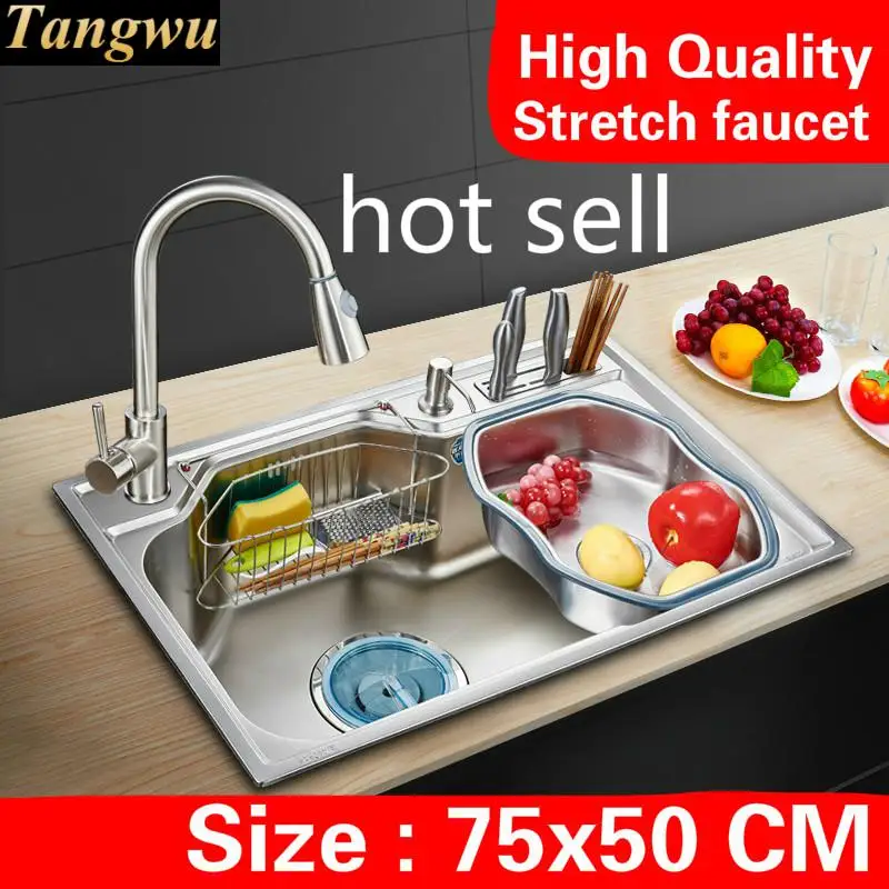 

Free shipping Home kitchen single trough sink high capacity wash vegetables luxury stretch faucet 304 stainless steel 75x50 CM