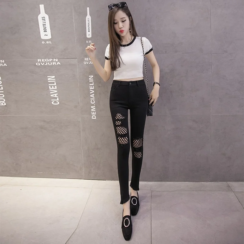 Hole Black Ripped Jeans Women Fashion High Waist Ankle-Length Penicl Pants 2022 Summer Street Mesh Hollow Out Denim Pants Female