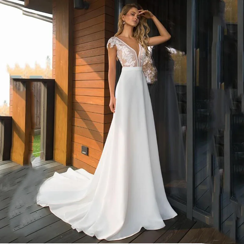 Elegante abito da sposa Boho una linea abito da sposa in pizzo Chiffon estivo Sexy scollo A V profondo Backless Vintage Robe De Mariee su misura