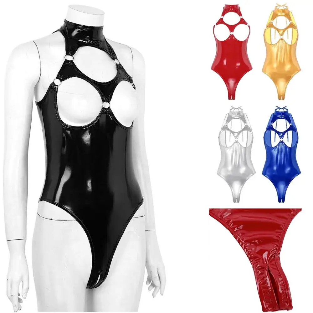 Sexy Fetish Patent Leather Open Crotch Thong Leotard Metal Ring Cupless Wet Look One Piece Teddies Bodysuit Swimsuit Lingerie