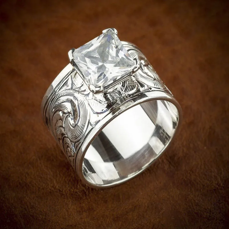 Popular Silver Color Carved Pattern Inlaid White Cubic Zircon Men's Ring for Female Party Jewelry Accessories Size 5-10