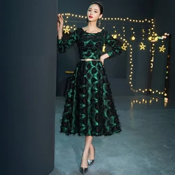 Elegant Long Sleeve Evening Dresses A- line Tea-Length Lace Green Formal Gown The Bride Dresses