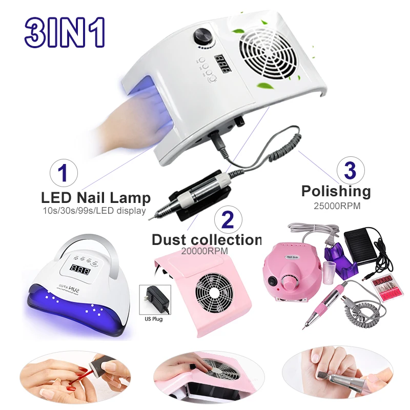 Juego de uñas con máquina de manicura, 148W, incluye taladro eléctrico, lámpara de uñas, colector de polvo, herramientas de juego de esmalte de uñas