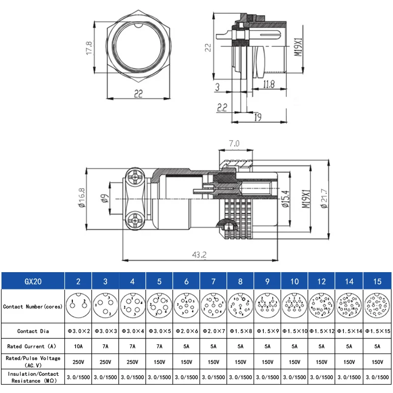 GX20 Docking type Aviation Plugs Sockets Connector Butt Electric Wire Aviation Connectors 2/3/4/5/6/7/8/9/10/12/14/15Pin