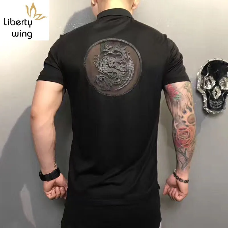 

Summer Fashion New Mens Short Sleeve Turn Down Collar Tees Top Punk Style Animal Embroidery Slim Black Plus Size Male T-Shirts