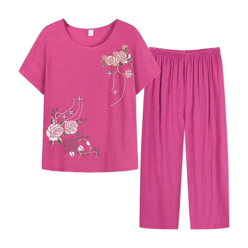 Zomer Vrouwen Homewear Set Korte Mouw Bloemenprint T-shirt Broek Losse Twee Stukken Set Vrouwen Outfit Moeder Midden-Aged