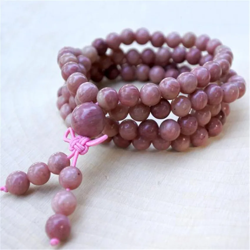 

6mm Natural Rhodonite Stone 108 Beads Handmade Tassel Necklace Prayer Tibetan Spiritua Mala Spirituality Buddhist Men