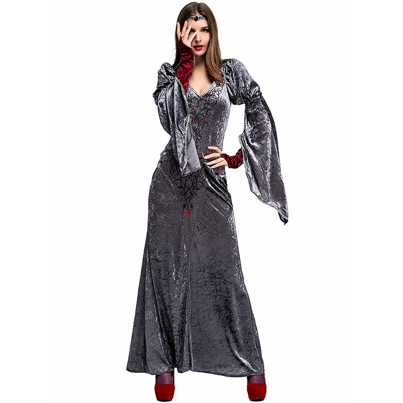 Gray Tight Adult Women Halloween Noblewoman Costumes Female European Retro Queen Cosplay Purim Stage Show Role Play Party Dress