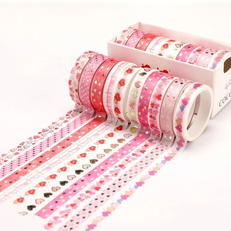 10 Pcs/Set Gold Foil Washi Tape Cute Heart Masking Tape Decorative Adhesive Tape Sticker Scrapbooking Album DIY Stationery