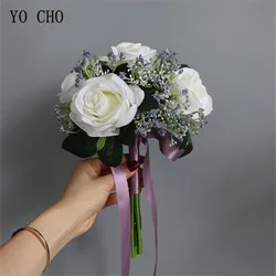 YO CHO Artificial Flower Bouquet Bridal Wedding Flower Silk Rose Baby's Breath Bridesmaid Bouquet Home Party Table Decor