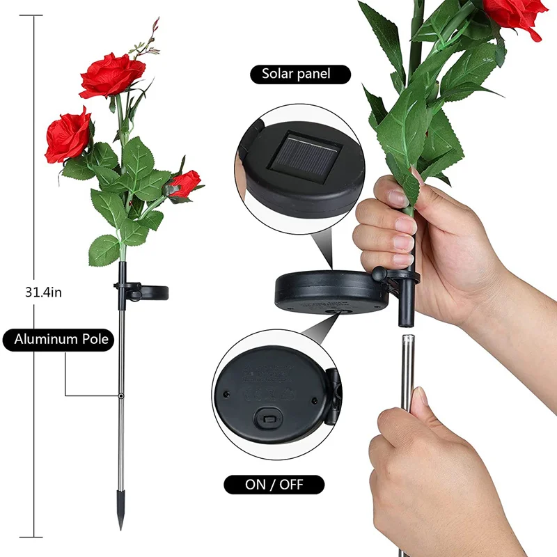 2 Pack Solar Flower Light Solar Garden Stake Light with 6 Rose Flowers Outdoor Solar Landscape Light For Patio Yard Lawn Pathway