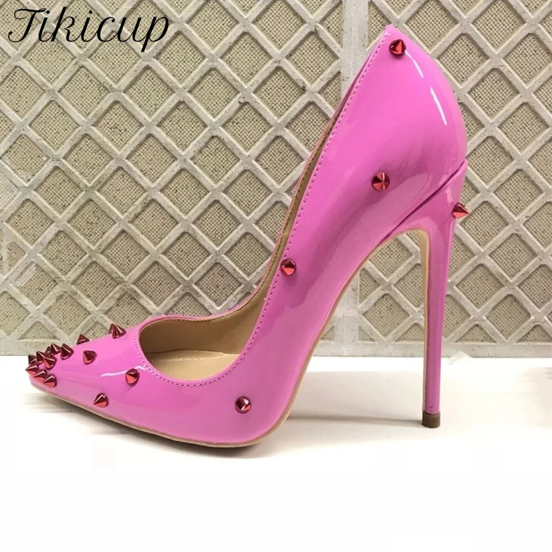 Tikicup Women Patent Pink Pointy Toe High Heel Shoes with Spikes Sexy Ladies Rivets Party Stiletto Pumps Big Size 43 44 45