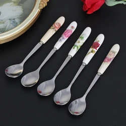 1pc Cute Rose Flowers Stainless Steel Mini Coffee Spoon Kitchen Tea Spoon With Long Handle Ceramics Ice Cream Dessert Teaspoon