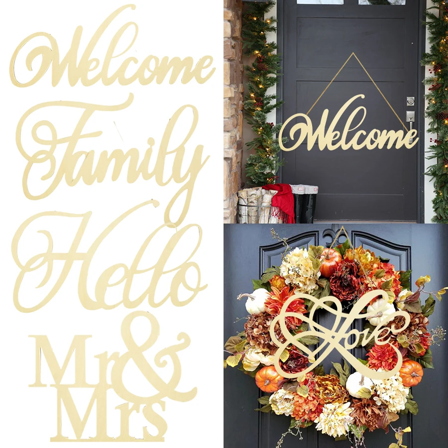 Home Wooden Signs Happy Birthday/Hello/Welcome/Mr Mrs Wedding Birthday Party Wall Door Wood Plaque Pendant Decor