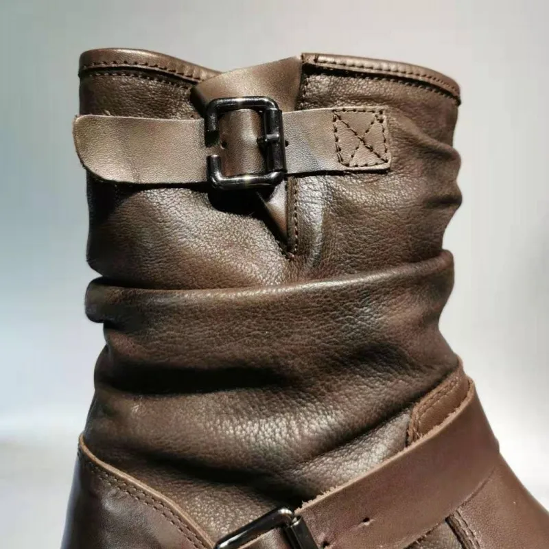 Retro Winter British Genuine Leather Mens Mid Calf Boots Belt Buckle Zipper Round Toe Thick Bottom Male Safety High Top Boots