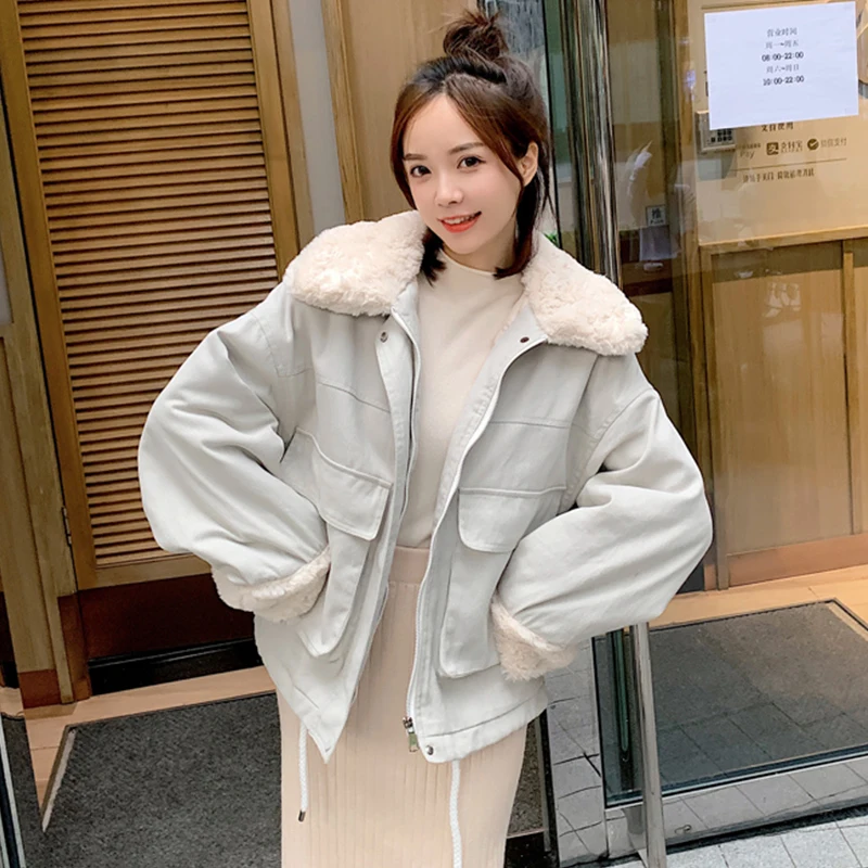 

Women's Autumn Winter Fleece Jackets Korean Style Turn Down Collar Solid Ladies Coats Zipper Big Pockets Outerwear Female
