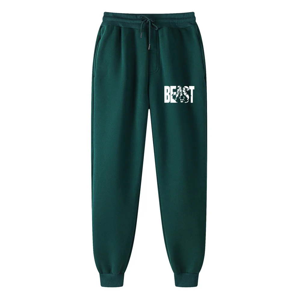 Calça de moletom estampada de besta masculina, calça de corrida para musculação moletom, calça esportiva fitness, preto e branco, nova marca