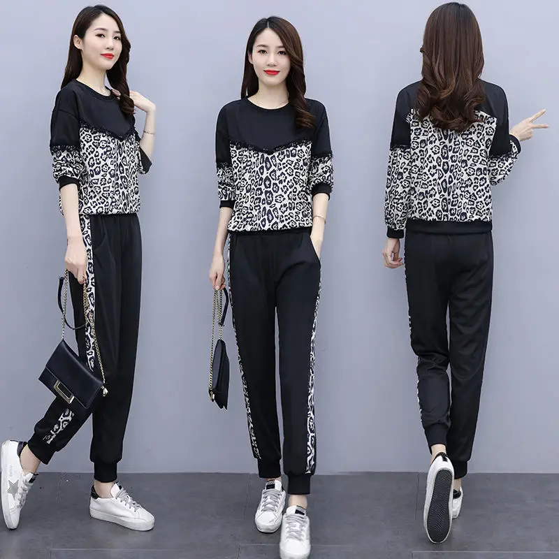 

NEW 2022 Spring Autumn Sportsuit Suits Women's Sets Thin Leopard long sleeves T-Shirt @ Pants 2-piece Suit Casual Sportswear