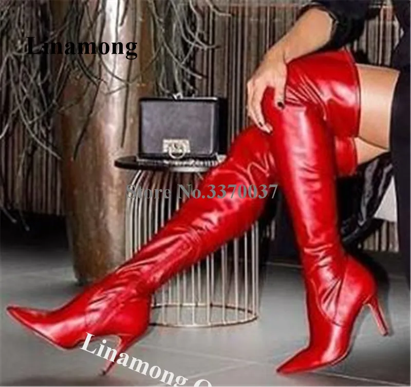 Linamong Sexy Women Pointed Toe Stiletto Heel Over Knee Boots Slim Red Leather Long High Heel Boots Club Dress Shoes