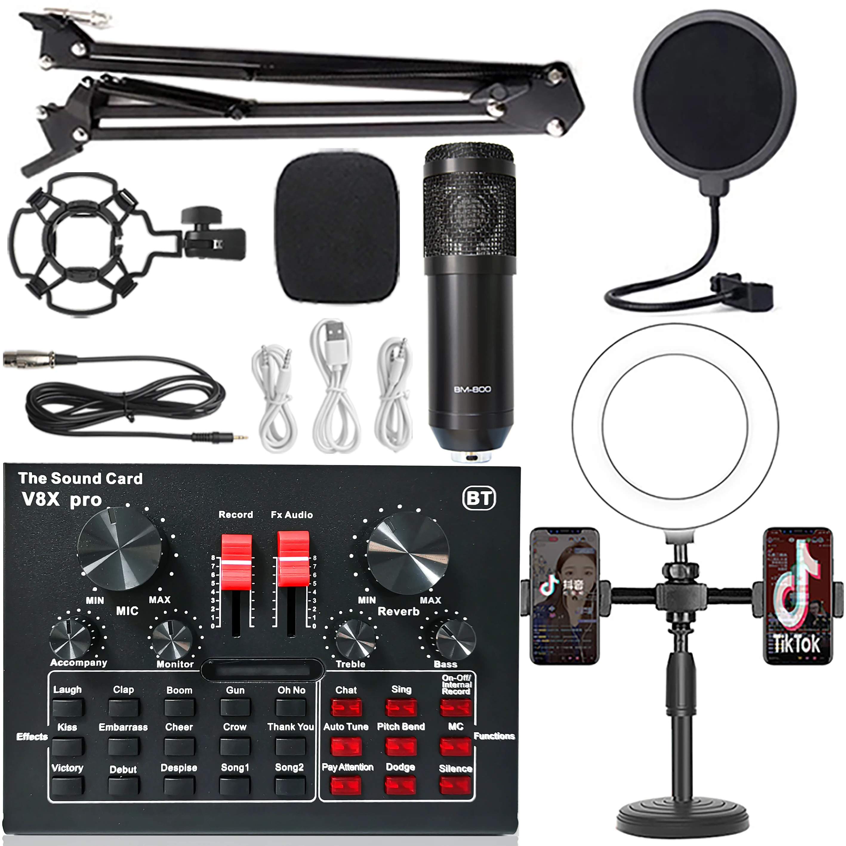 V8X برو كارت الصوت استوديو خلاط الغناء الحد من الضوضاء المحمولة ميكروفون صوت BM800 البث المباشر للهاتف سجل الكمبيوتر