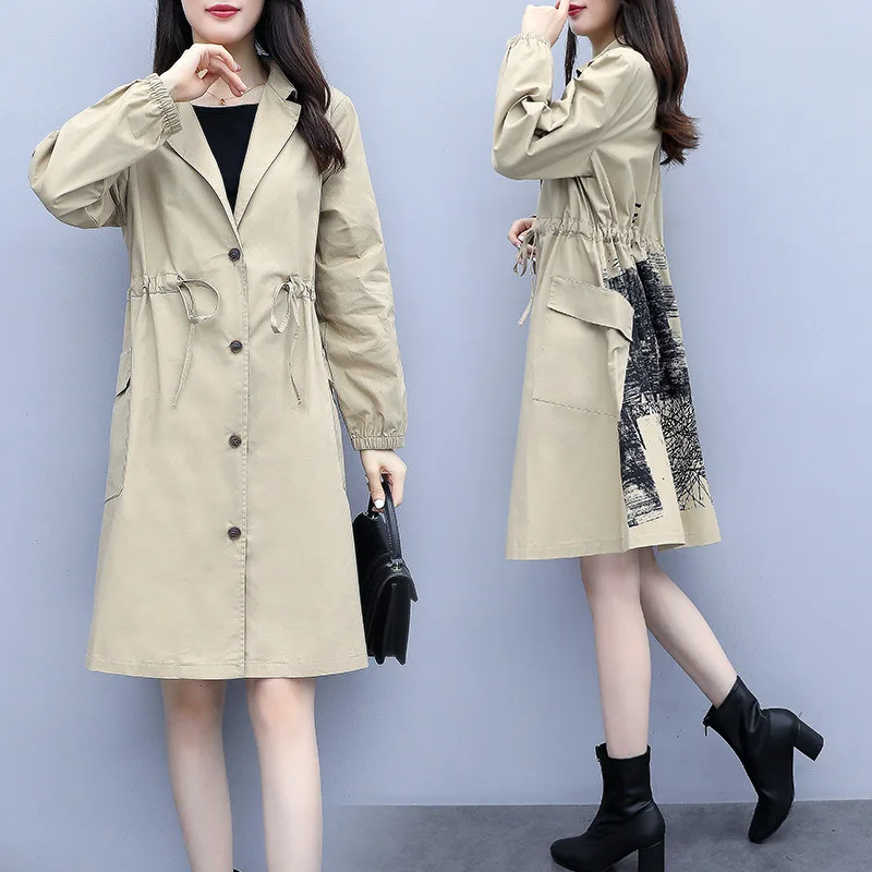 Autumn And Winter  Long Trench Coat Women Long Sleeve Printing Windbreaker Trench Femme Casual Wide Waisted Coat