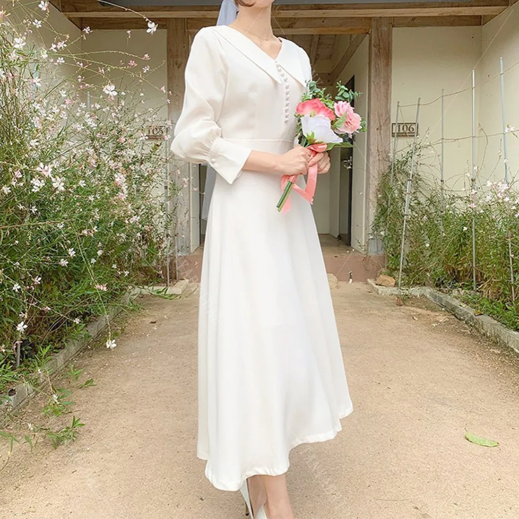 Vintage Simple Wedding Dress Boho Style A Line V Neck Bohemian Beach Tea Length Bride Dress Gown SWD021