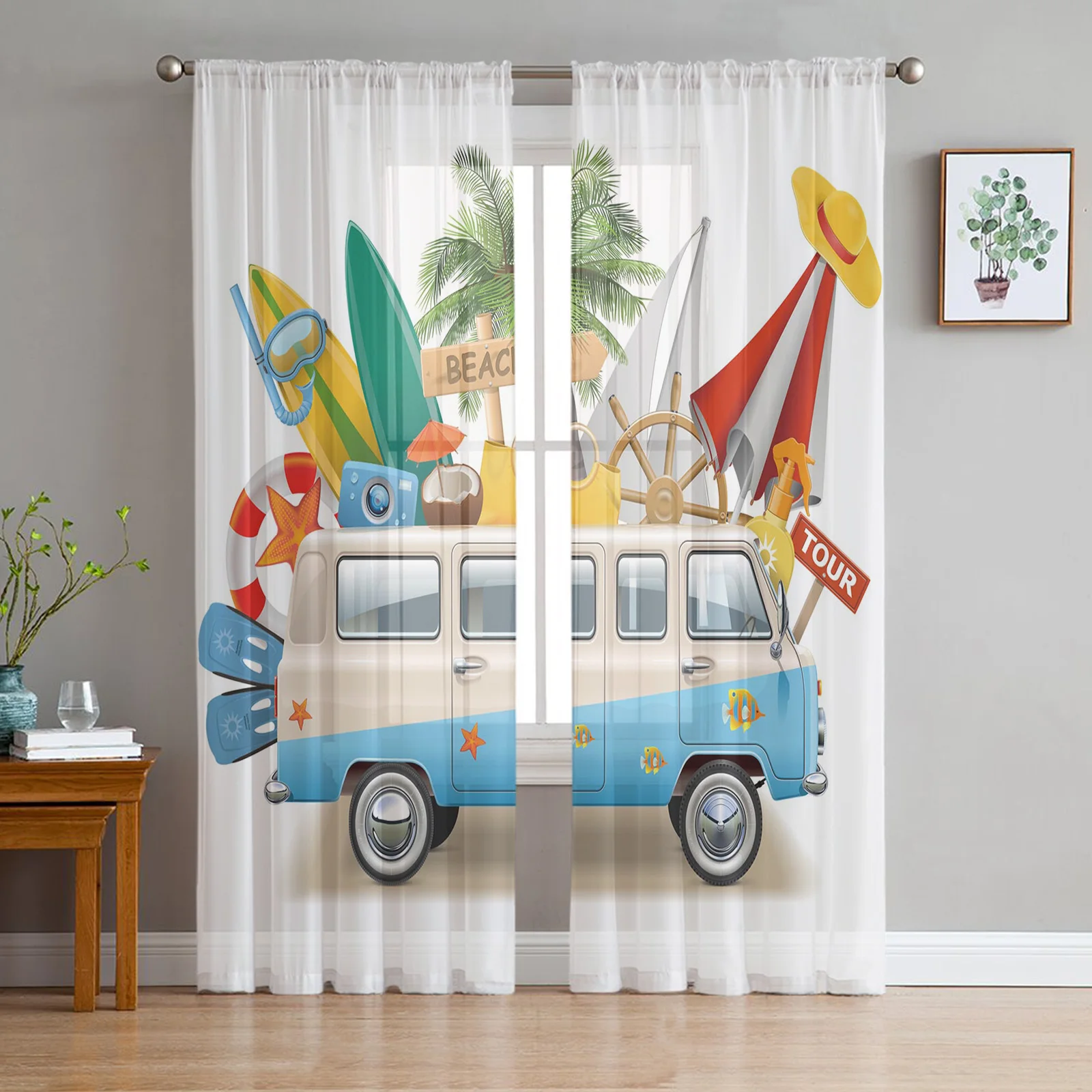 Car Coconut Tree Surfboard Sheer Curtains for Living Room Bedroom Window Treatment Kitchen Chiffon Curtain