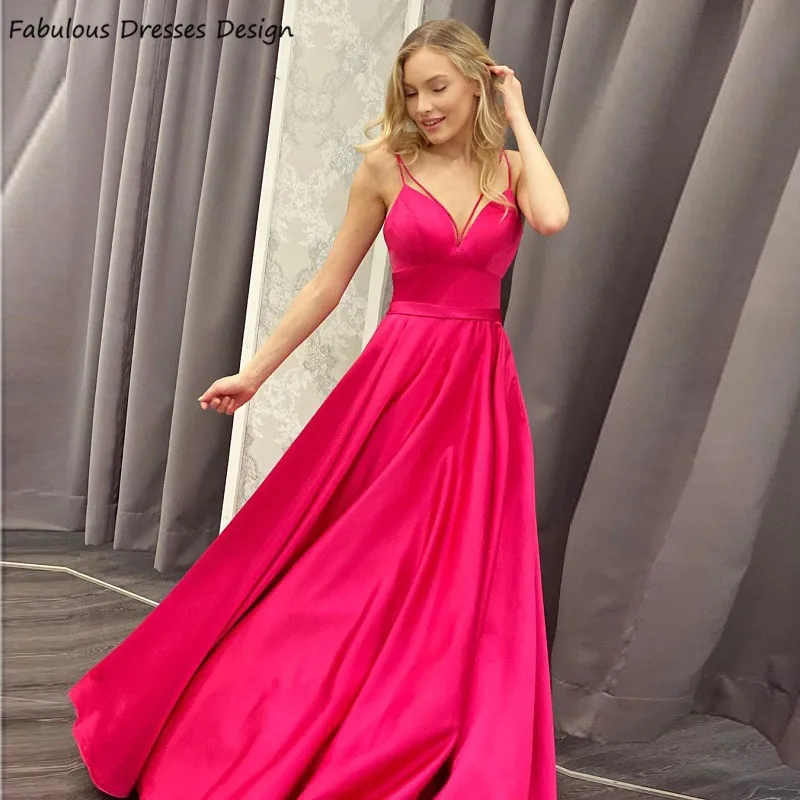 Abiti da ballo lunghi in raso fucsia a-line senza spalline con scollo a cuore Vestido abito da sera senza schienale con lacci per le donne