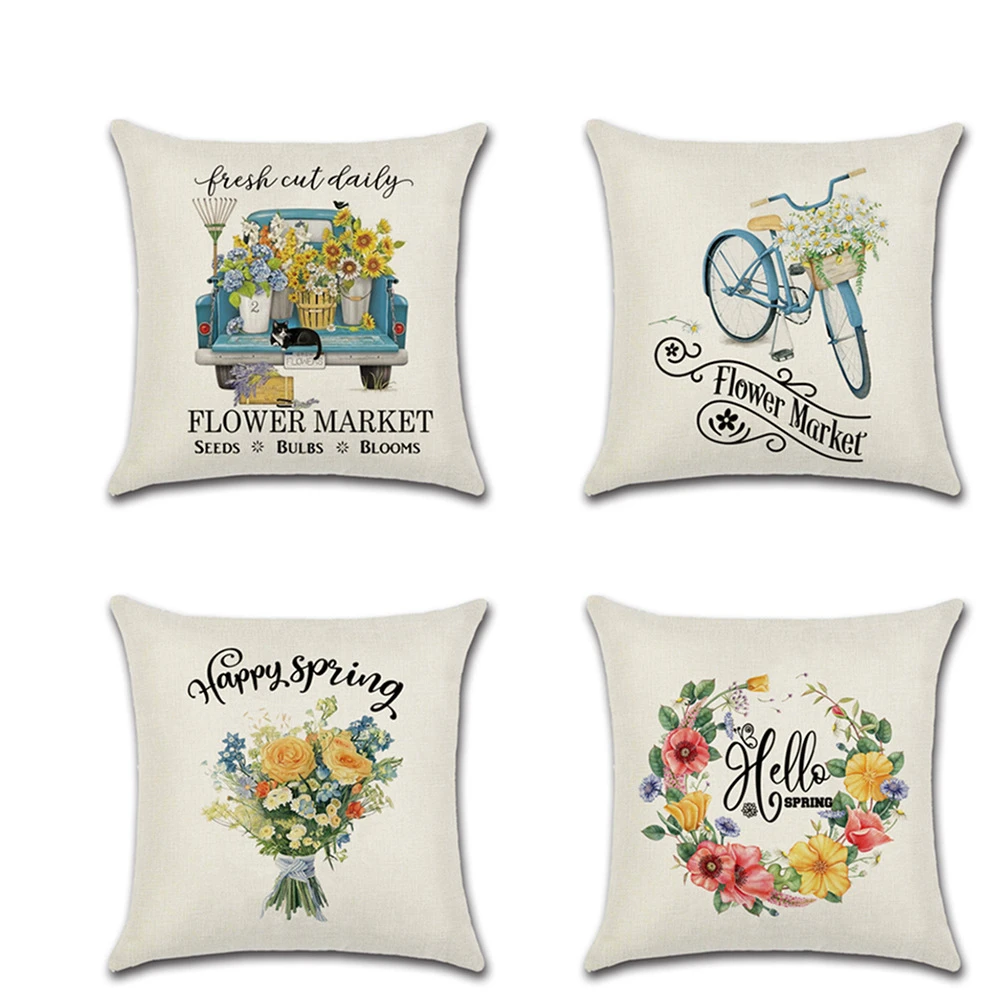 2023 New Hello Spring Floral Butterfly Cushion Covers Bike Flowers Creative Linen Pillowcase Decorative Sofa Couch Throw Pillows