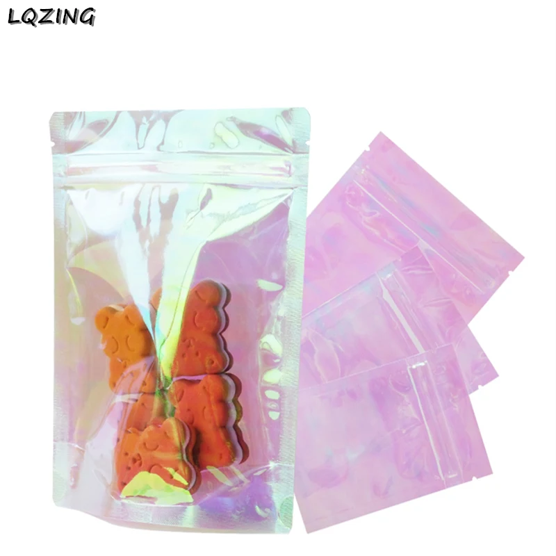 

50pcs Pink Stand Up Holographic Zipper Packaging Bag Pouches Big Capacity Laser Zip Lock Plastic Bags for Cosmetic Jewelry