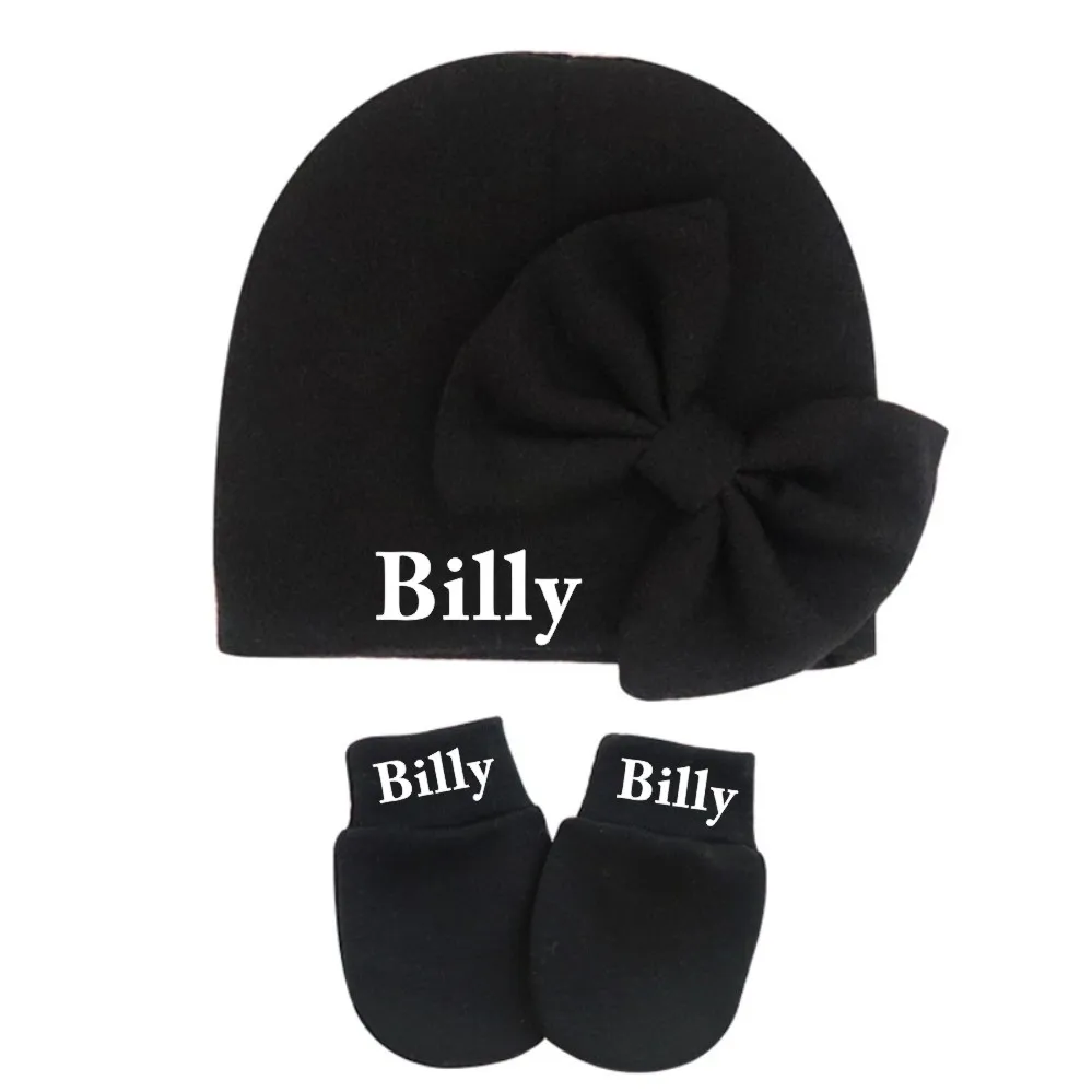 

Personalize Baby Hospital Black Hat & Mittens Infant Girl Beanie with Bow Newborn Custom Monogram Newborn Beanie with Bow