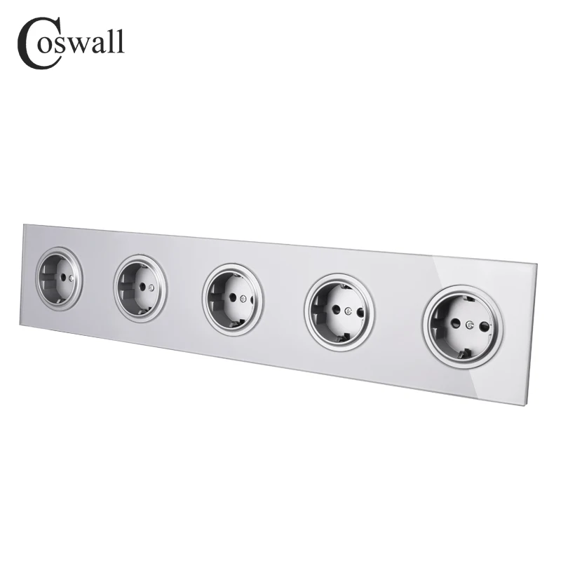 Coswall Crystal Tempered Pure Glass Panel 16A 5 Gang EU Standard Wall Power Socket Outlet Grounded With Child Protective Lock