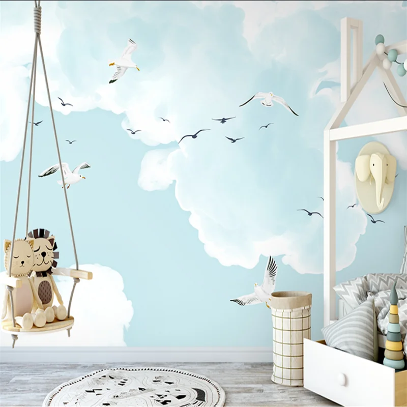 

wellyu Custom hand-painted Nordic small fresh sky sea bird illustration children's room indoor living room background wallpaper