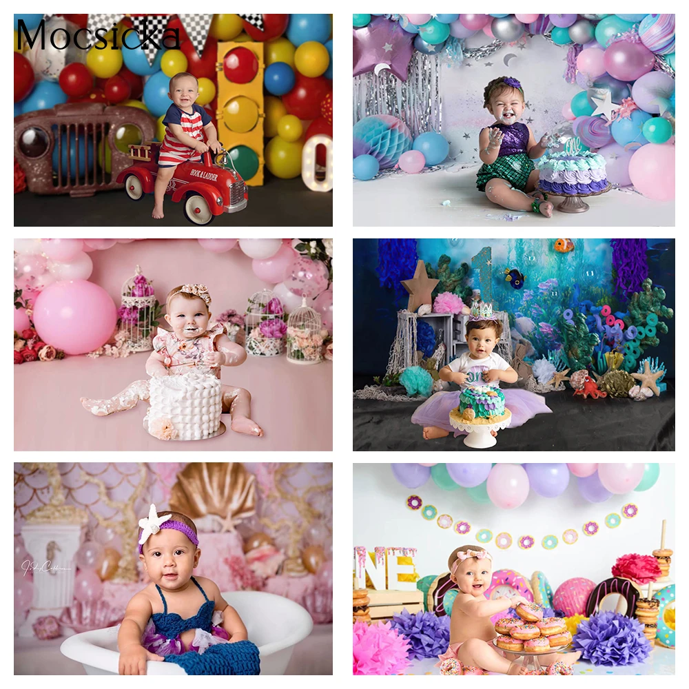 

Children Cake Smash Backdrop Balloons Wall Floral Newborn Kids Birthday Portrait Background Studio Professional Photography Prop