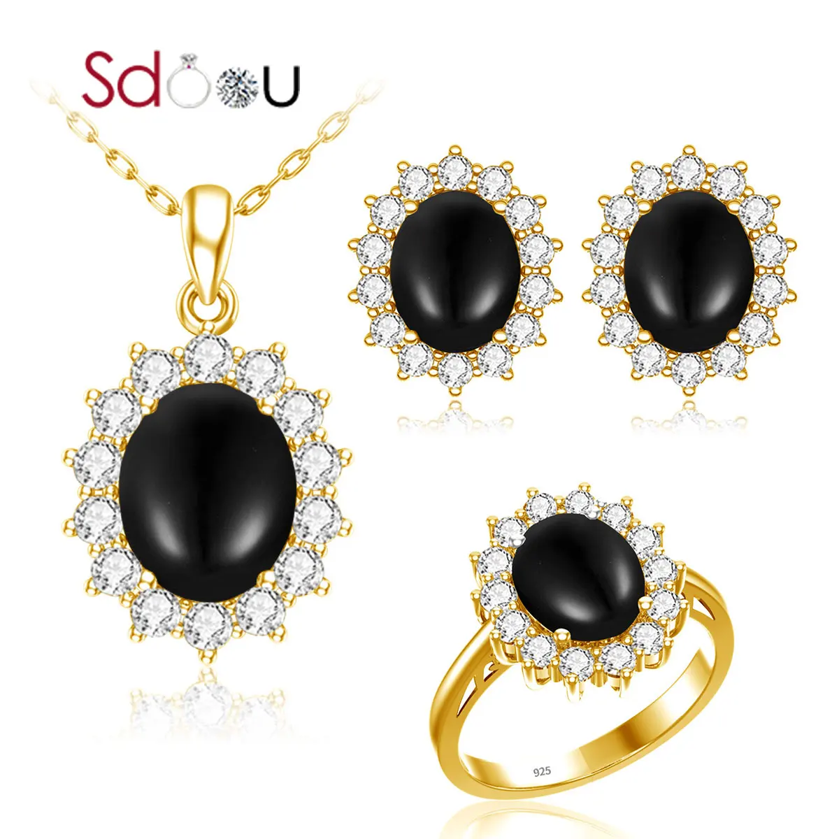 

SDOOU 14K Gold Jewelry Sets For Women Sterling Silver 925 Ring Stud Earrings Pendant Set Sunflower Carved Punk Wedding Jewelry