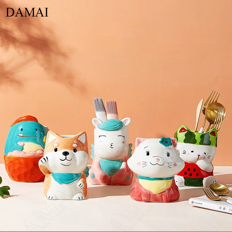 

Creativity Painted Storage Jars Japanese Modern Cartoons Animal Decorative Chopsticks Knife Fork Organizer Rack Home Kitchenware