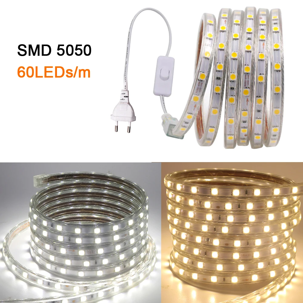 276led LED Strip Light 2835 5050 220V with ON/OFF Switch Waterproof 120led Flexible LED Lights Home Decoration Indoor Lighting