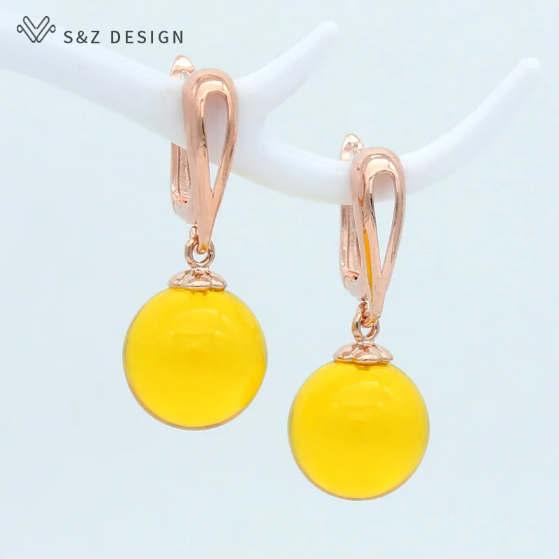 S&Z DESIGN New Trendy 585 Rose Gold Color Round Synthesis Ambers Dangle Earrings For Women Girl Wedding Jewelry Eardrop