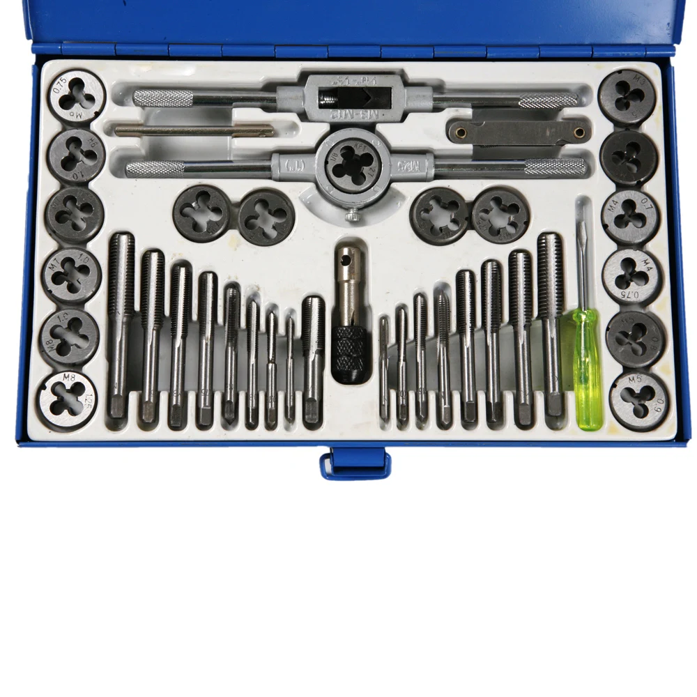 40Pcs Tap and Die Set Metric Wrench Cut M3-M12 Tap and Die Kit Metric Hand Threading Tool Set Engineer Kit with Metal Case