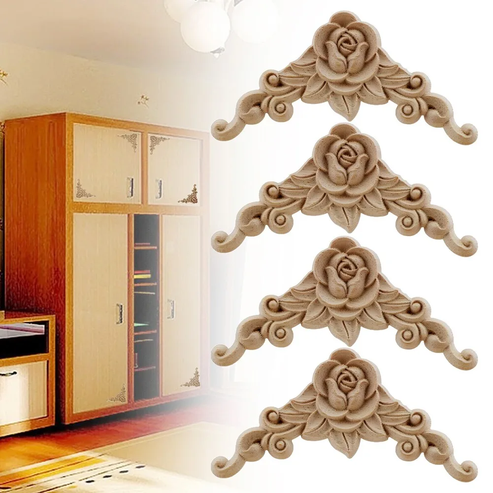 Newly 4pcs Wooden Carved Corner Onlay Applique Furniture Mouldings Decal Decor Home Manual Diy Decoration