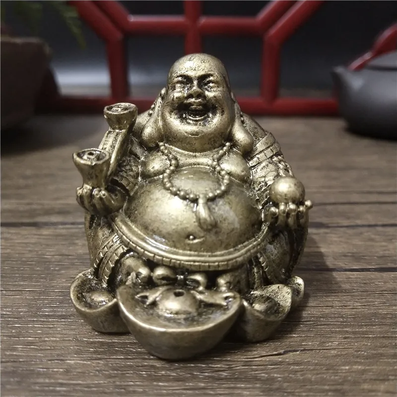 Lucky Laughing Buddha Statue Bronze Ornaments Resin God Of Wealth Maitreya Buddha Sculpture Figurines Home Decoration Statues