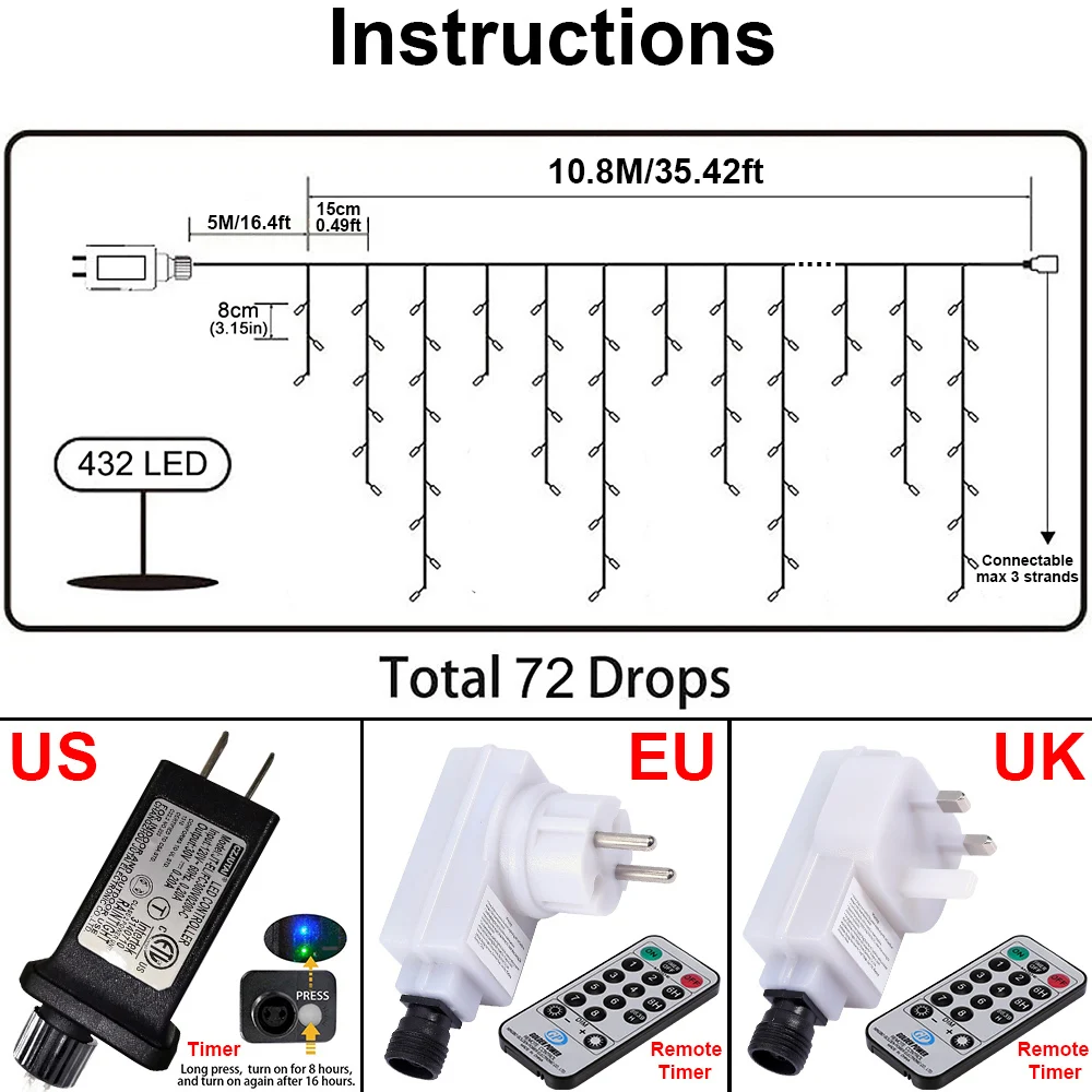 10.8M 8 Modes Christmas LED Icicle Lights + 5M Lead Wire Waterproof Outdoor Timer Garland String Lamp Patio New Year Decoration