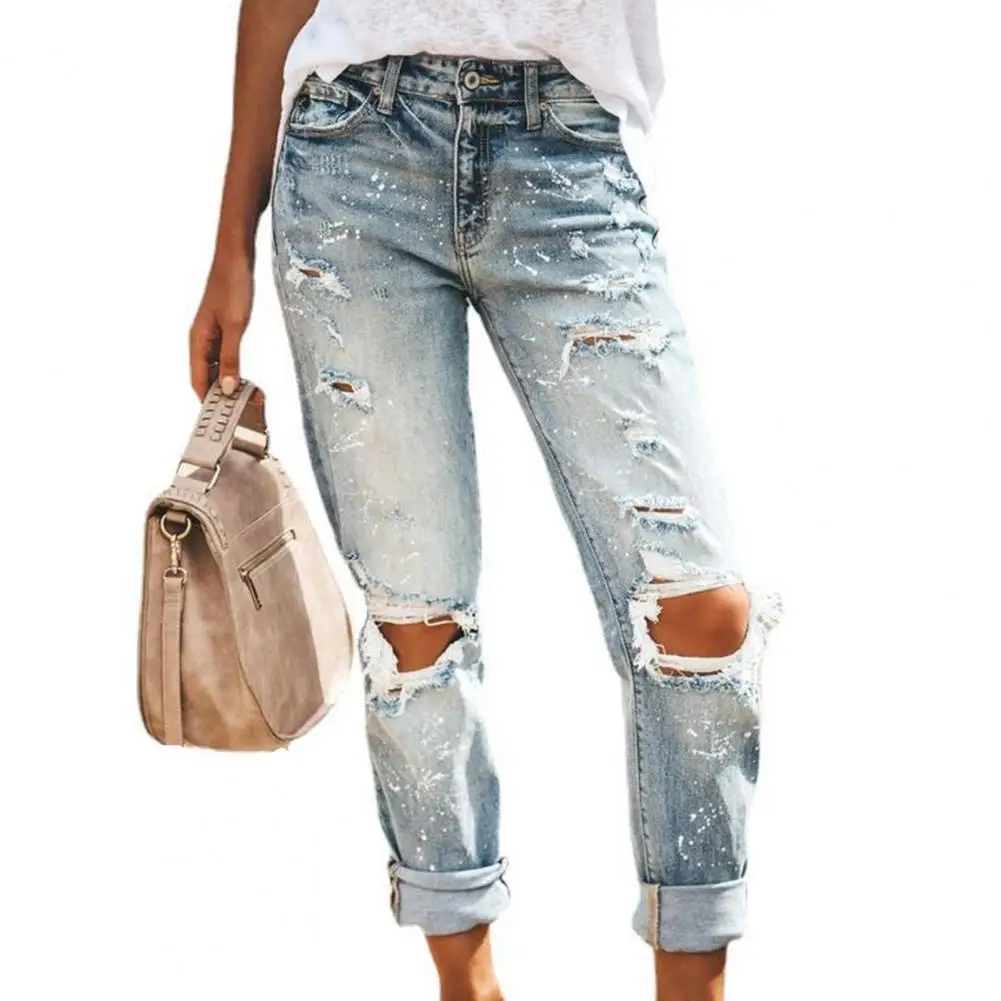 Women Fashion Mid Waist Boyfriend Big Ripped Hole Jeans Casual High Street Denim Pants Sexy Vintage Pencil Calca Jean Streetwear