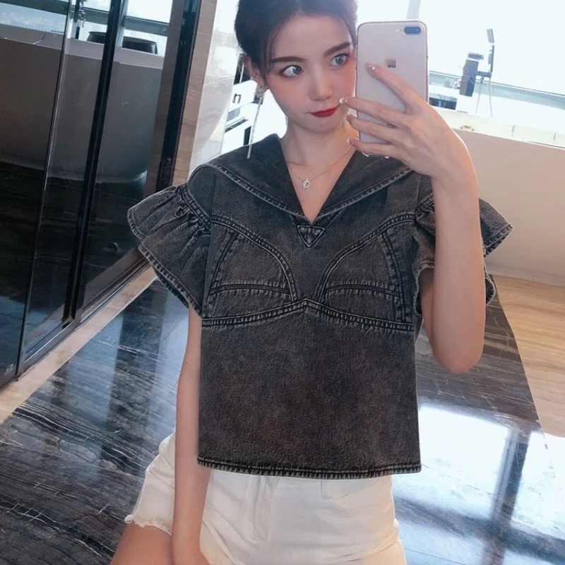 

Sweet Women Ruffle Sailor Collar Short T-Shirt Summer Patchwork Loose Fit Cropped Tops Casual Tees Fashion Female Denim T-Shirts