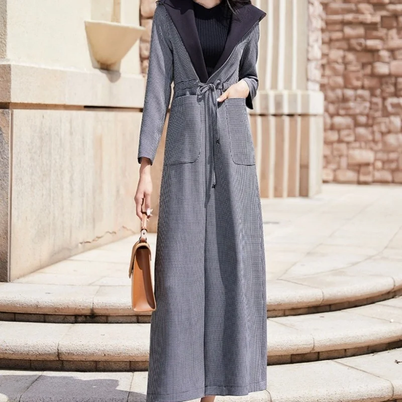 

Lady Vintage Ankle Length Long Trench Coat Belted Slim Fit Elegant Women Plaid Windbreaker Fashion Runway Hoodie Trench Outwear