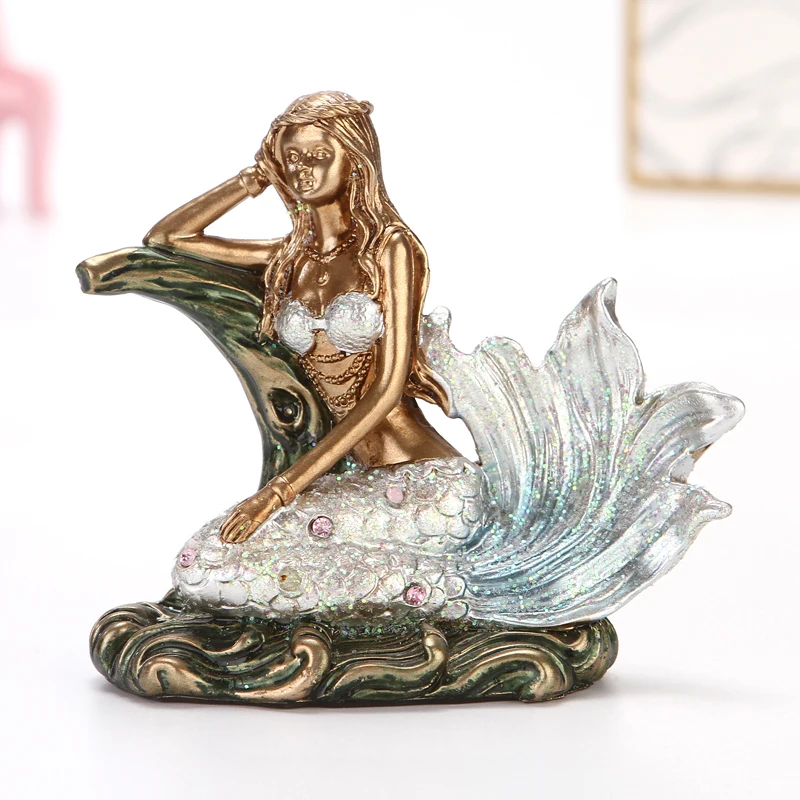 Syrenka z żywicy rysunek Rhinestone Sea Maiden Girl miniaturowa bajka charakter ozdoba wystrój pokoju rzemieślnicze prezent dla dziewczyny