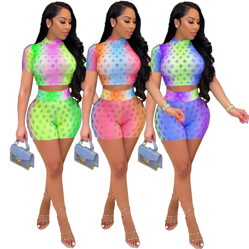 

Summer Colorful Print 2 Sets See Through Short Sleeve Crop Top Skinny Biker Shorts Pants Sets Nightclub Party Casual Outfits