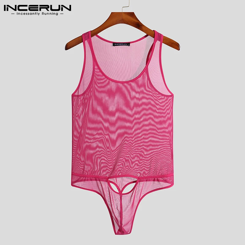 INCERUN 2023 Sexy Homewear New Men Rompers Hollowed Elastic Transparent Jumpsuits Fashionable Male Thin Triangle Bodysuits S-5XL